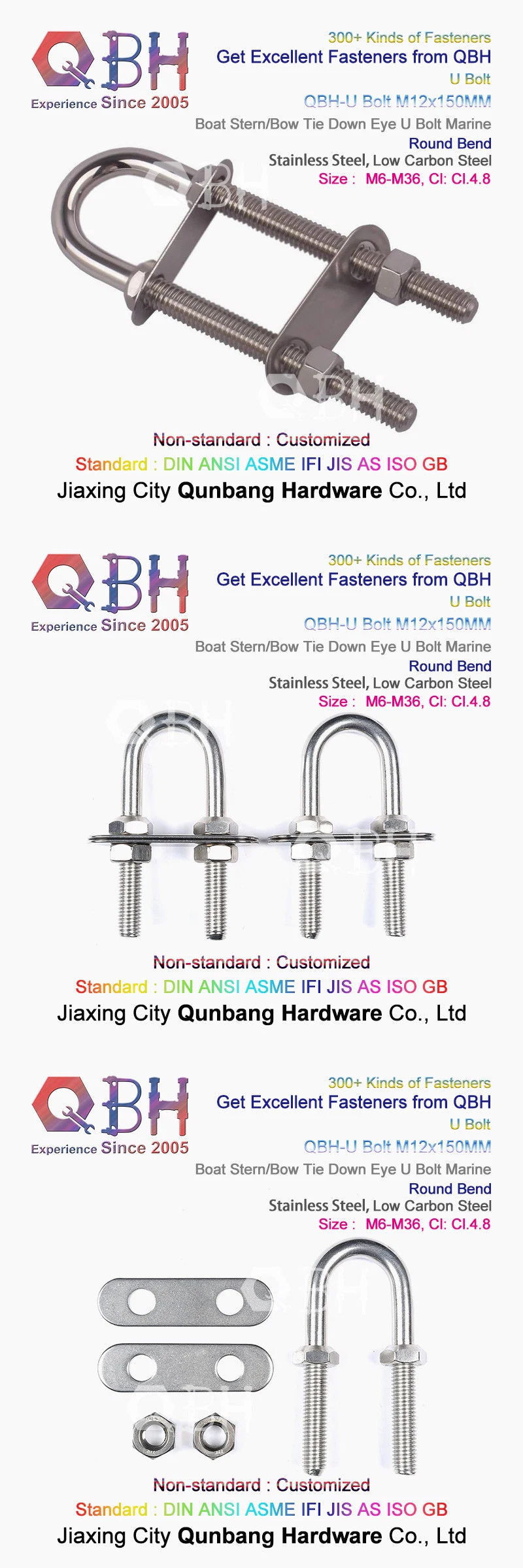 Qbh Customized Shipyard Ship Construction Structure Solar Rack Round Square Bend Pipe Fitting Stainless Carbon Steel U Bolt Stud Rod Nut Washer Assembly