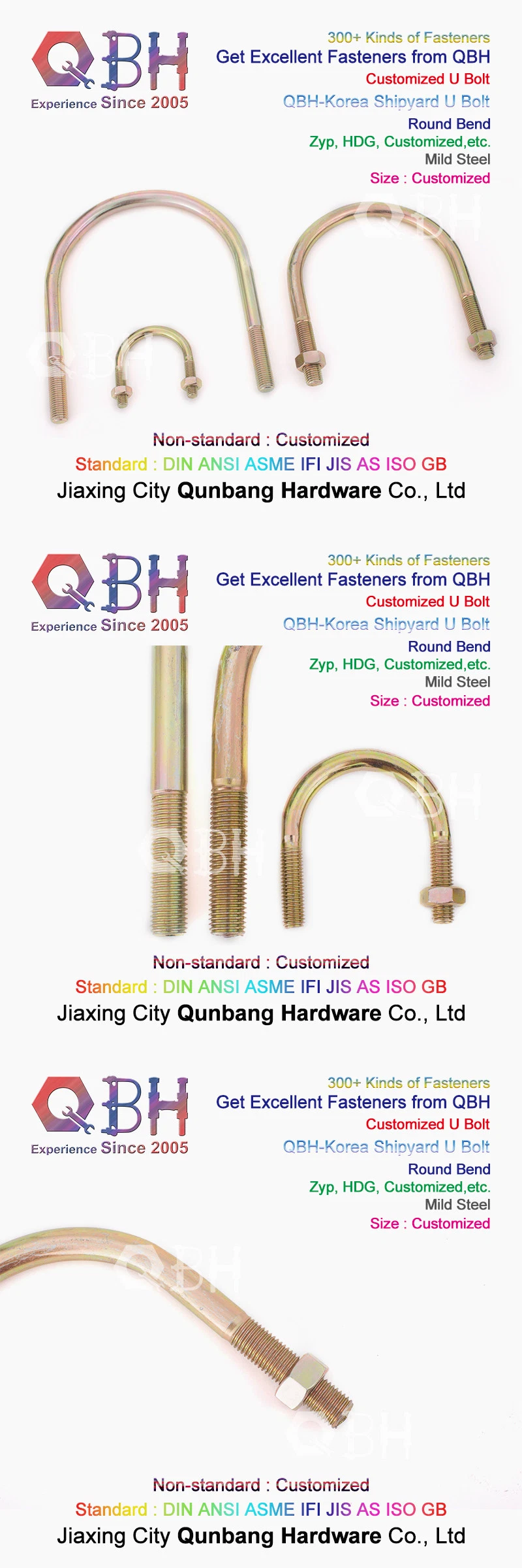 Qbh Customized Shipyard Ship Construction Structure Solar Rack Round Square Bend Pipe Fitting Stainless Carbon Steel U Bolt Stud Rod Nut Washer Assembly