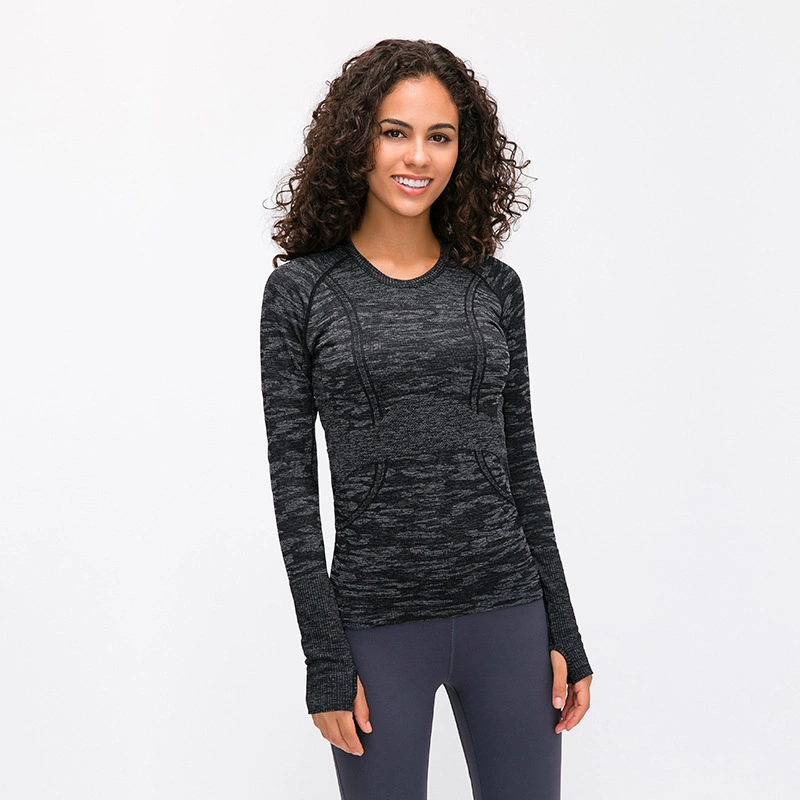 Wholesale Factory New Women&prime;s Long Sleeve Seamless Crewneck Sports Shirt Running Fitness Top Slim Breathable Yoga Long Sleeves Gym T-Shirt