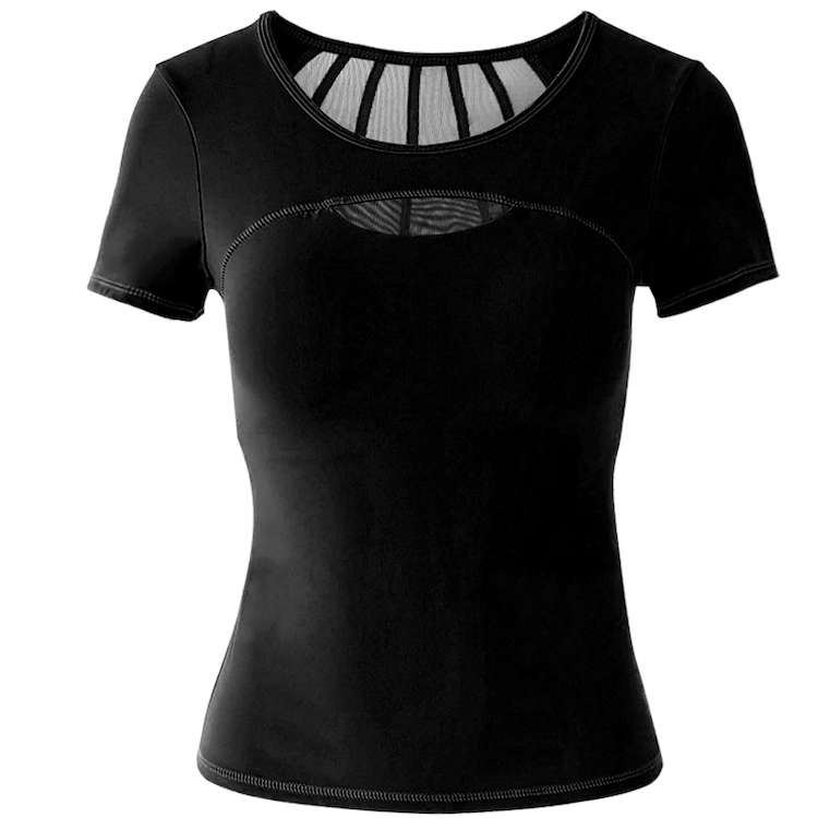 Black Women Sports T-Shirts Short Sleeve Top Tees with Mesh Back, Customized Logo OEM ODM Gym Training Slim Fit Running Fitness T Shirts, Sportswear for Ladies