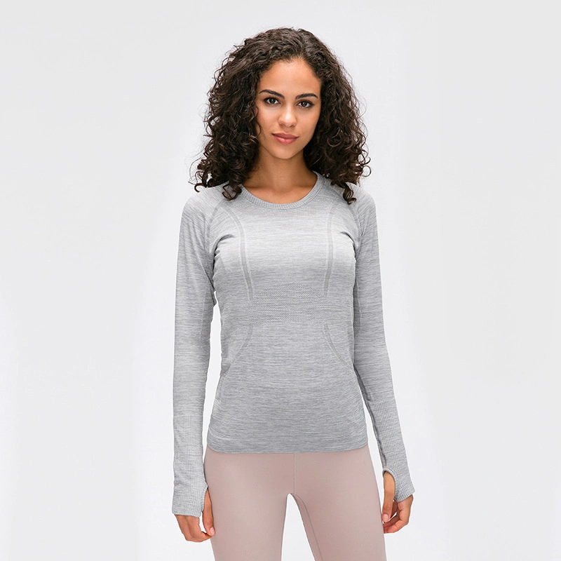 Wholesale Factory New Women&prime;s Long Sleeve Seamless Crewneck Sports Shirt Running Fitness Top Slim Breathable Yoga Long Sleeves Gym T-Shirt