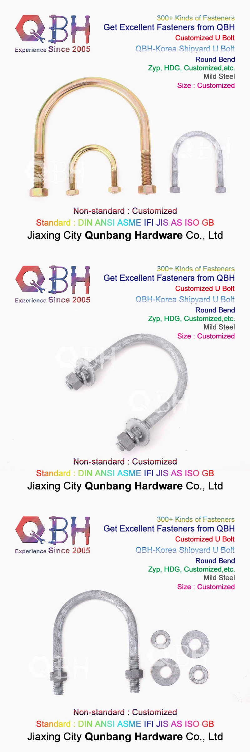 Qbh Customized Shipyard Ship Construction Structure Solar Rack Round Square Bend Pipe Fitting Stainless Carbon Steel U Bolt Stud Rod Nut Washer Assembly