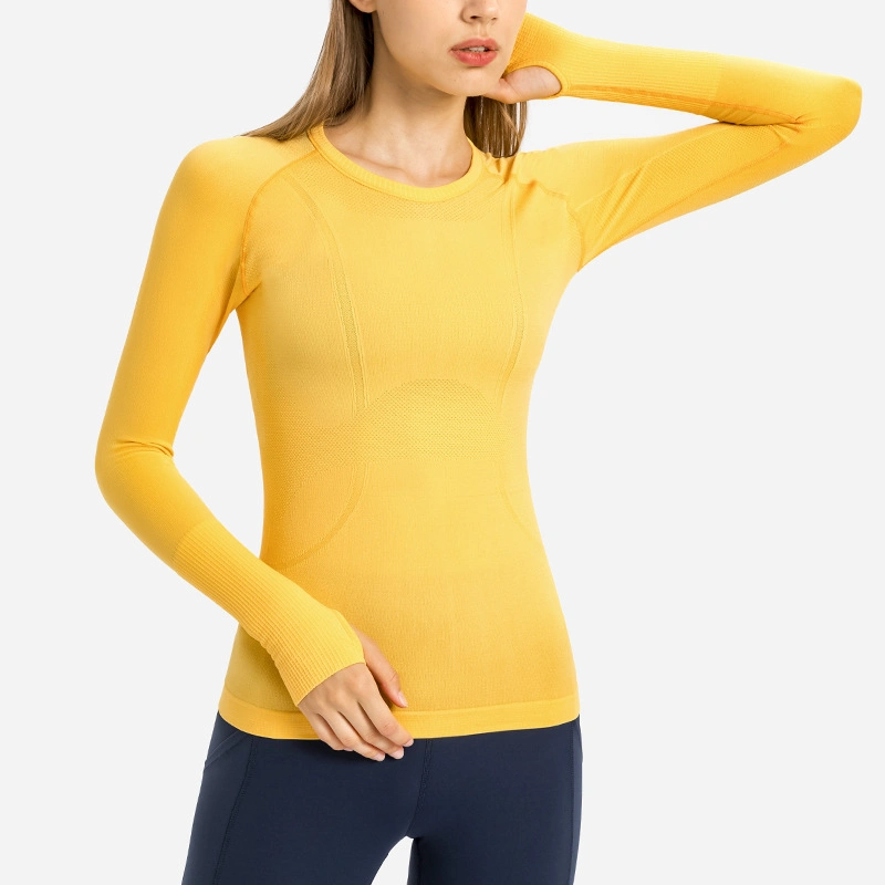 Wholesale Factory New Women&prime;s Long Sleeve Seamless Crewneck Sports Shirt Running Fitness Top Slim Breathable Yoga Long Sleeves Gym T-Shirt