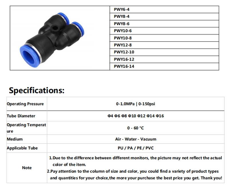 Pw Y-Shape Unequal Reducer Pneumatic Push in Connector Union Joint Fitting for Air Hose Tube