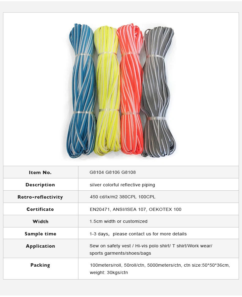 Hi-Viz Colorful Segmented Reflective Piping Sewing Fabric Piping Reflect for Clothing