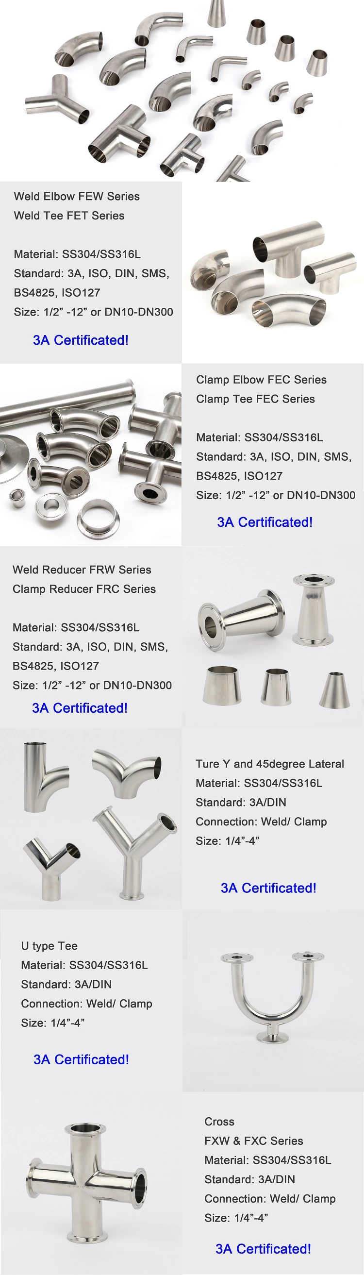 SS304/316L Pipe Fittings Tee, Cross, Reducer with 3A Certificate