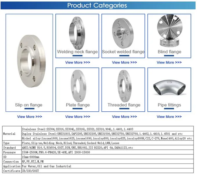 ASTM A182 F304 F316L F53 Stainless Duplex Steel So RF Wn Blind Flange Brida De Acero Inoxidable