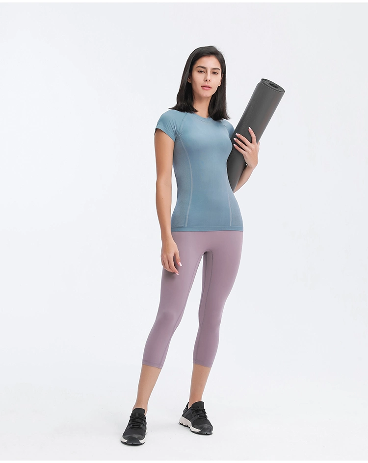 Women&prime; S Short Sleeve T Shirt Workout Top Tight Seamless Yoga Tops Gym Sports Quick Dry Tops T Shirt