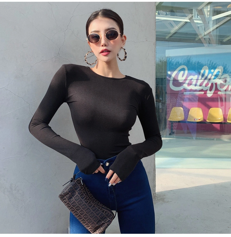 Seamless Knitting Sexy Jumpsuit Retro Ribbed Long Sleeve Elastic Unitard Sports Causal Black T-Shirt