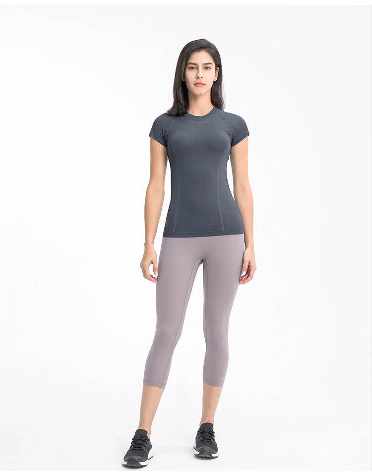 Women&prime; S Short Sleeve T Shirt Workout Top Tight Seamless Yoga Tops Gym Sports Quick Dry Tops T Shirt