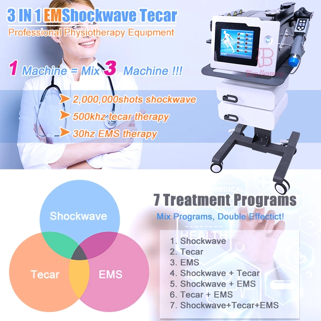 3 in 1 Extracorporeal Shockwave Tecar Wave Therapy Diathermy Physiotherapy Eswt Machine