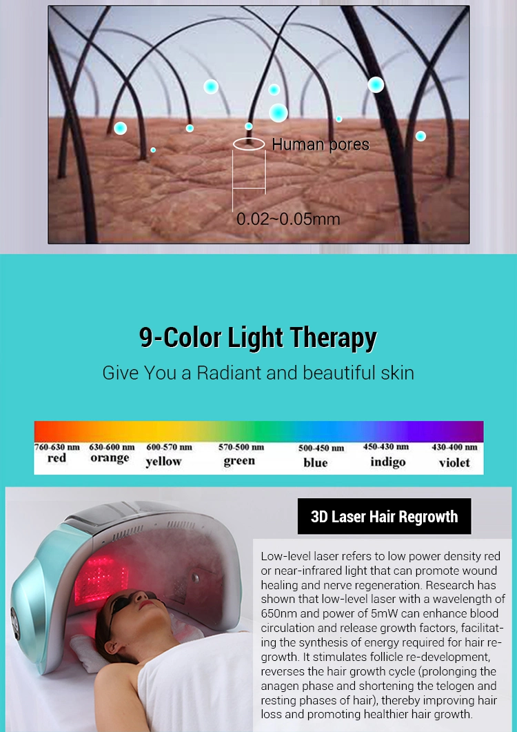 Beauty 3D Laser Hair Regrowth Hot &amp; Cold Nano Spray UV Nir Lamp Face Mask Photon 9-Color LED Light Therapy M9 Facial Machine