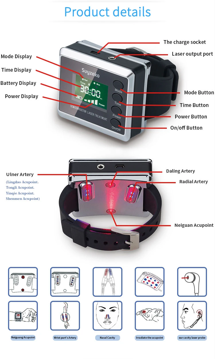 650nm Bio Low Level Cold Laser Therapeutic Smart Watch for Hypertension Treatment