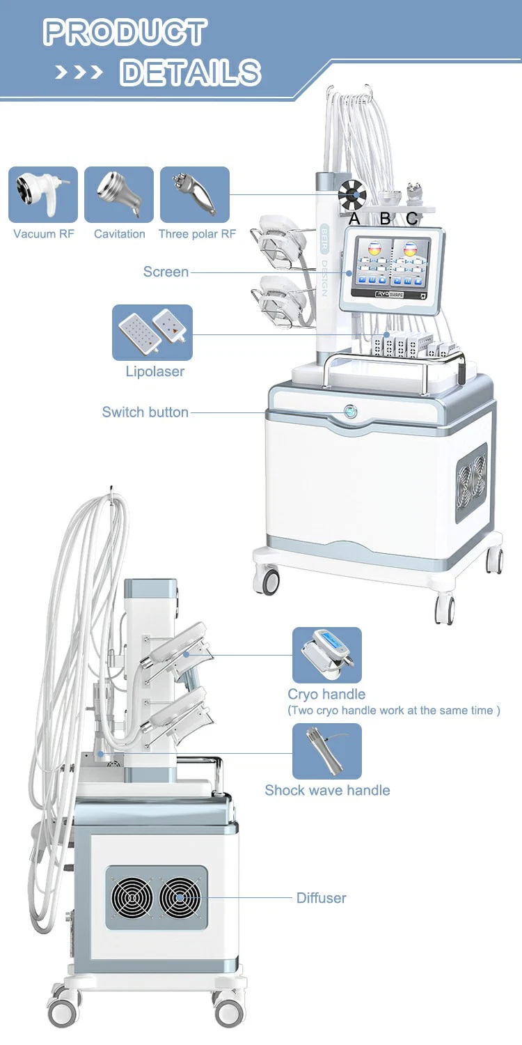 7 in 1 Wholesale High Quality Multi-Functional Cryolipolysis Shockwave Cavitation RF Cold Head Four Handles Working Together Fat Freezing Slimming Machine