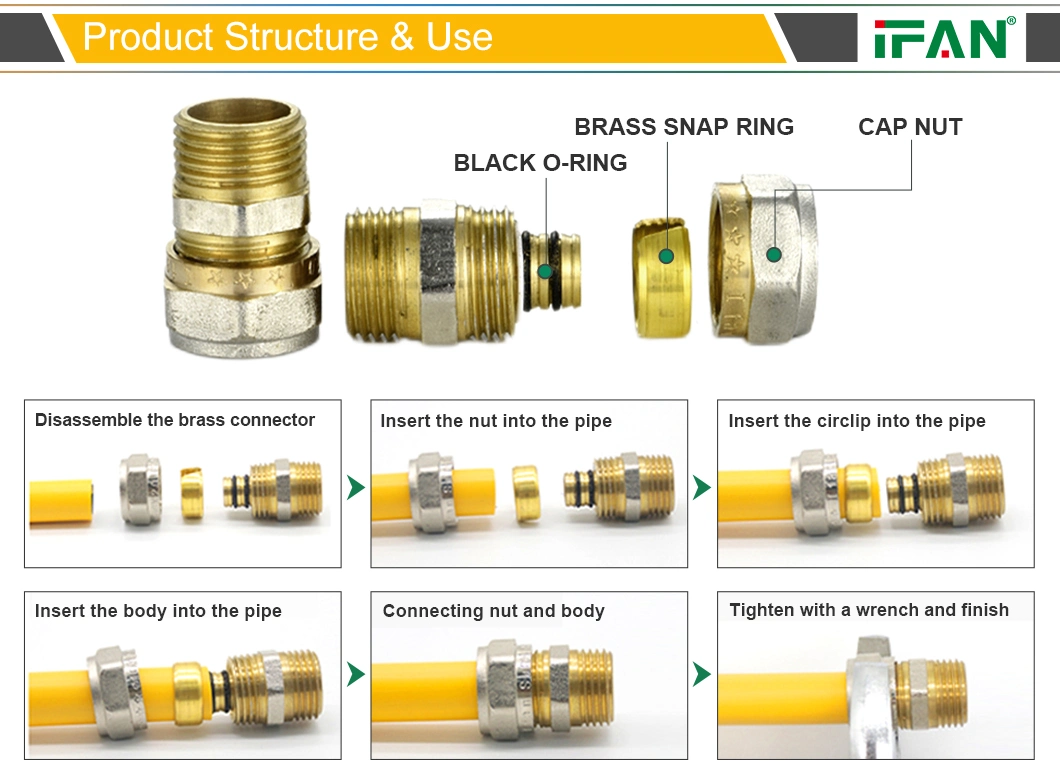 Ifan Pex Pipe Gas Water Supply Brass Poly Compression Press Expansion Crimp Male Female Threaded Coupling Elbow Tee Fittings