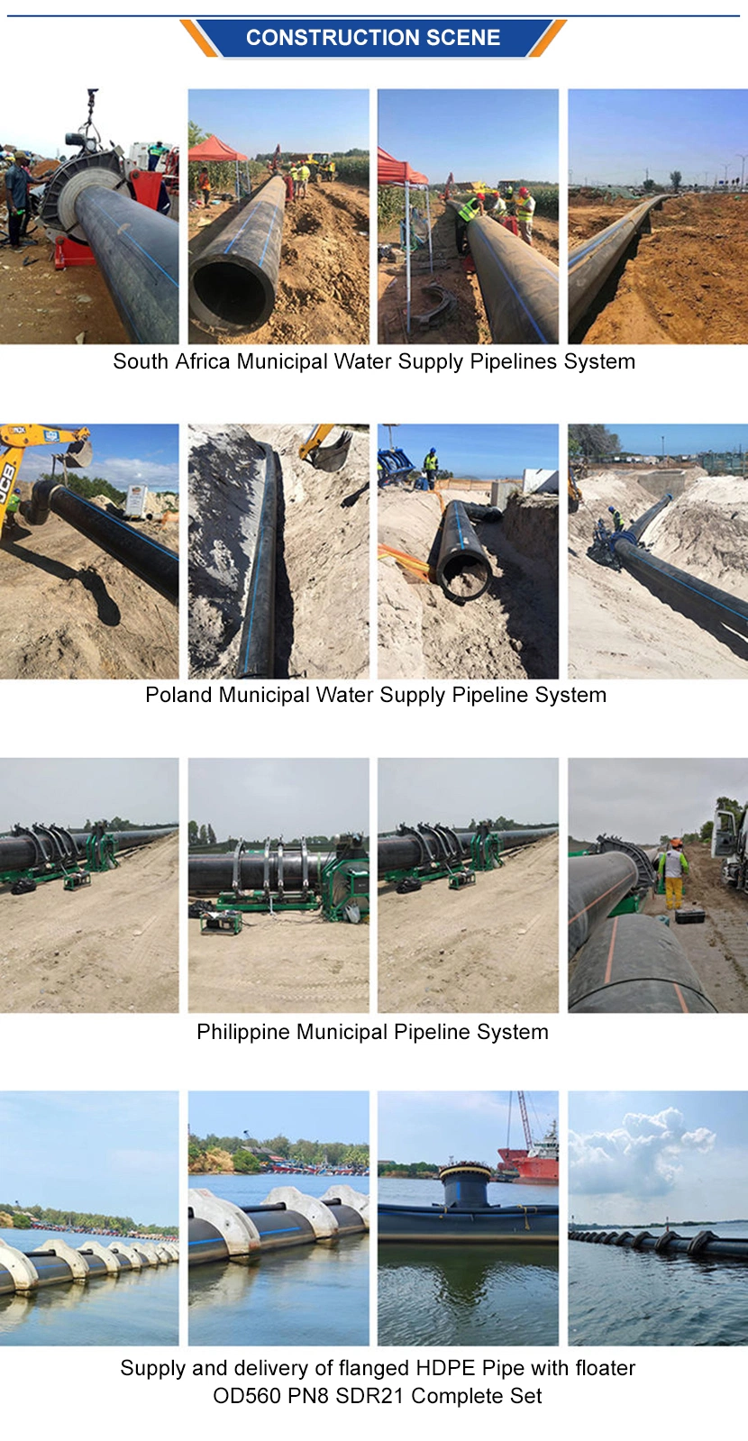 PE100 HDPE Tube HDPE Pipe Dredging Discharge Pipes Water Pipe for Water Supply Irrigation Mining Construction