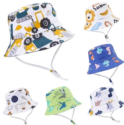  Summer Baby Cartoon Print Bucket Hat Kids Toddler Windproof Fisherman Hat with Strap