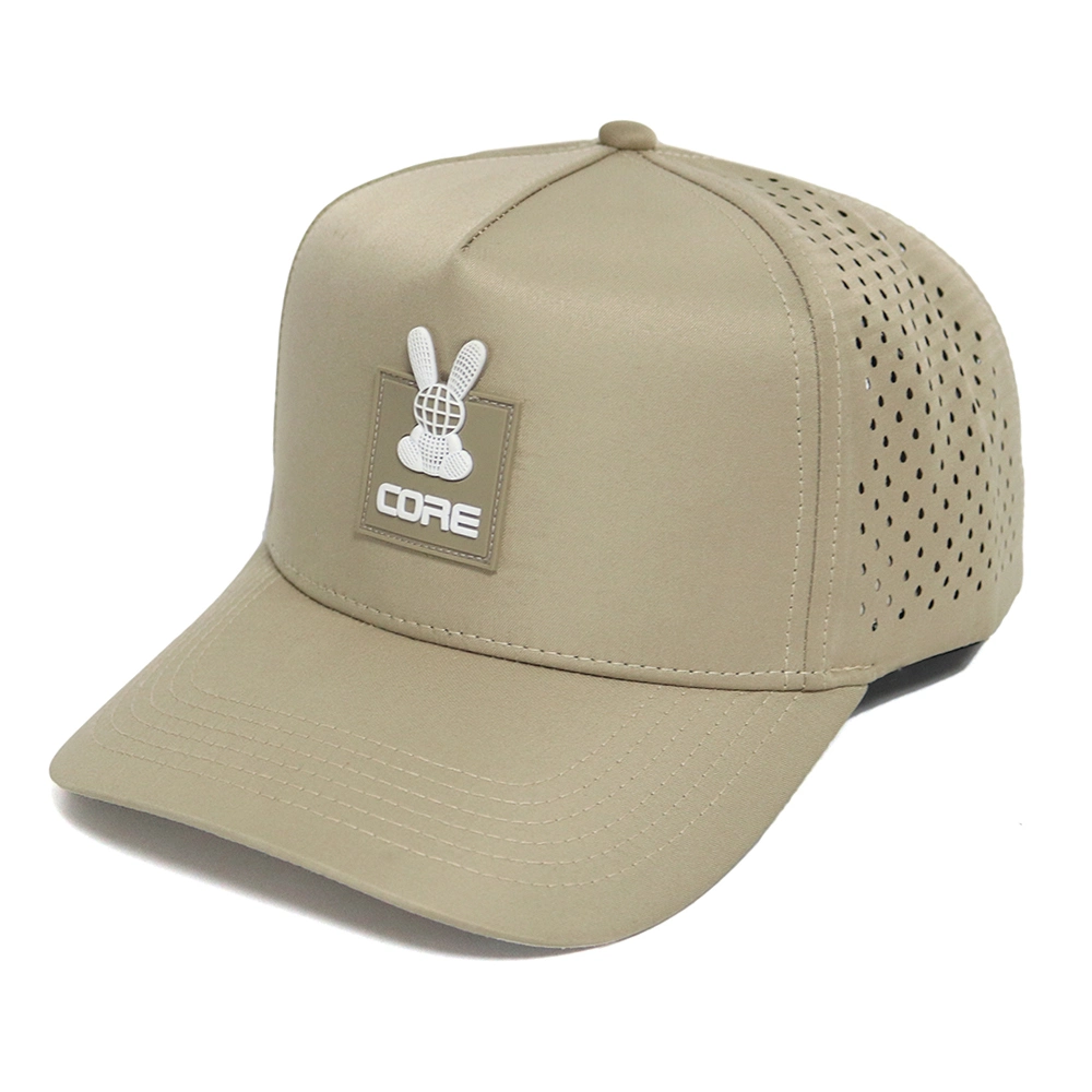 BSCI Custom Patch Logo 5 Panel Khaki Quick Dry Performance Sport Baseball Cap, Laser Cut Hole Golf Gorras, Polyester Rope Hat