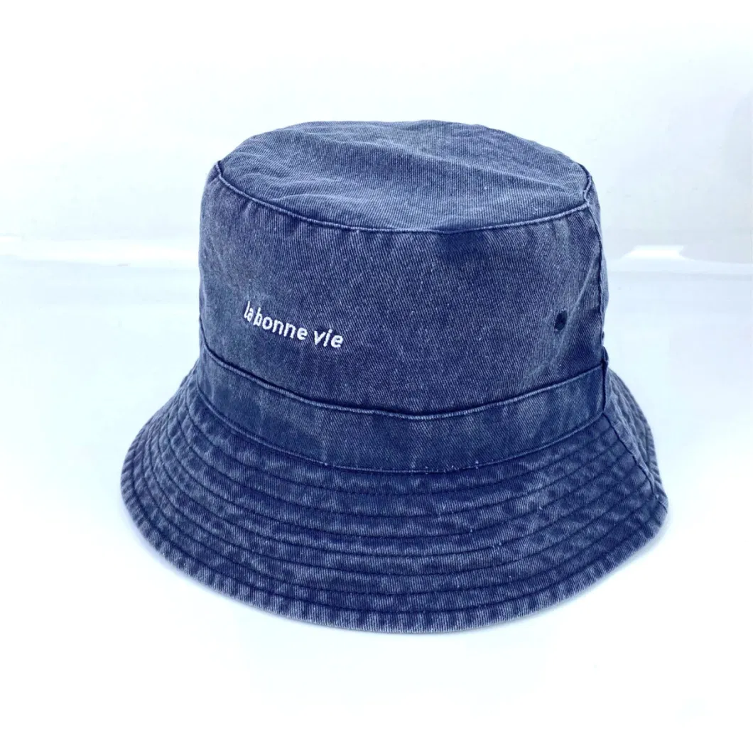 Custom Unisex Summer Cotton Twill Washed Bucket Hat with Flat Embroidery Logo Fashion Sunhat OEM ODM