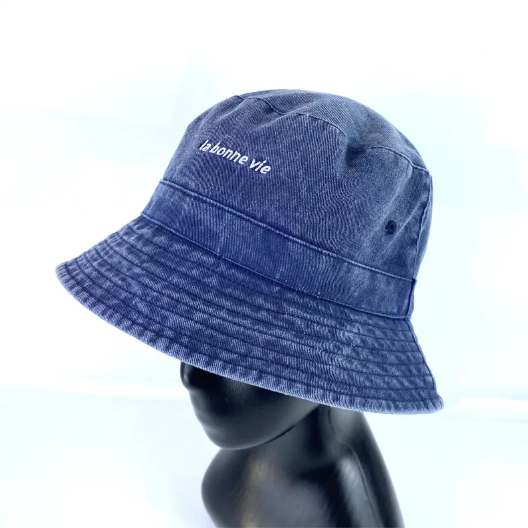 Custom Unisex Summer Cotton Twill Washed Bucket Hat with Flat Embroidery Logo Fashion Sunhat OEM ODM