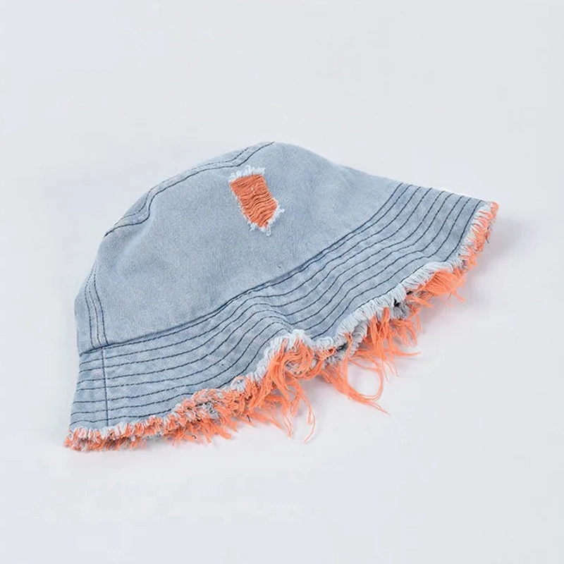 Distressed Frayed Brim Washed Worn out Cool Denim Jean Bucket Hat Wholesale Fisherman Hat Female Retro Fringed Basin Hats