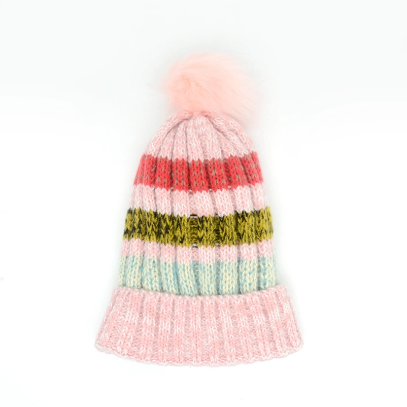 Hot Selling Muti Color fashion Stylish Soft Warm Knit Striped POM POM Beanie Winter Hats