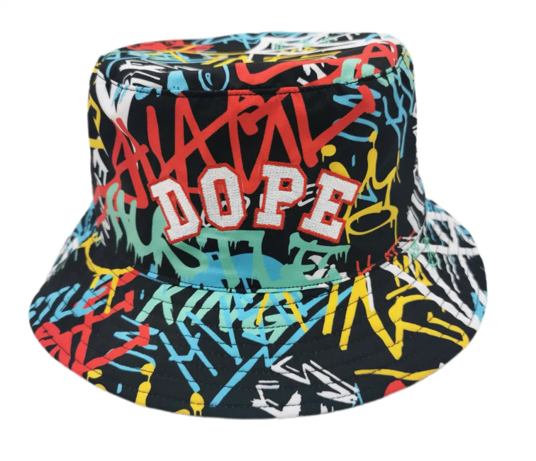 Fishing Hat with Woven Label Embroidery and Sublimation Printing Polyester Bucket Hat Casual Sun Hat with Own Logo Fashion Hat