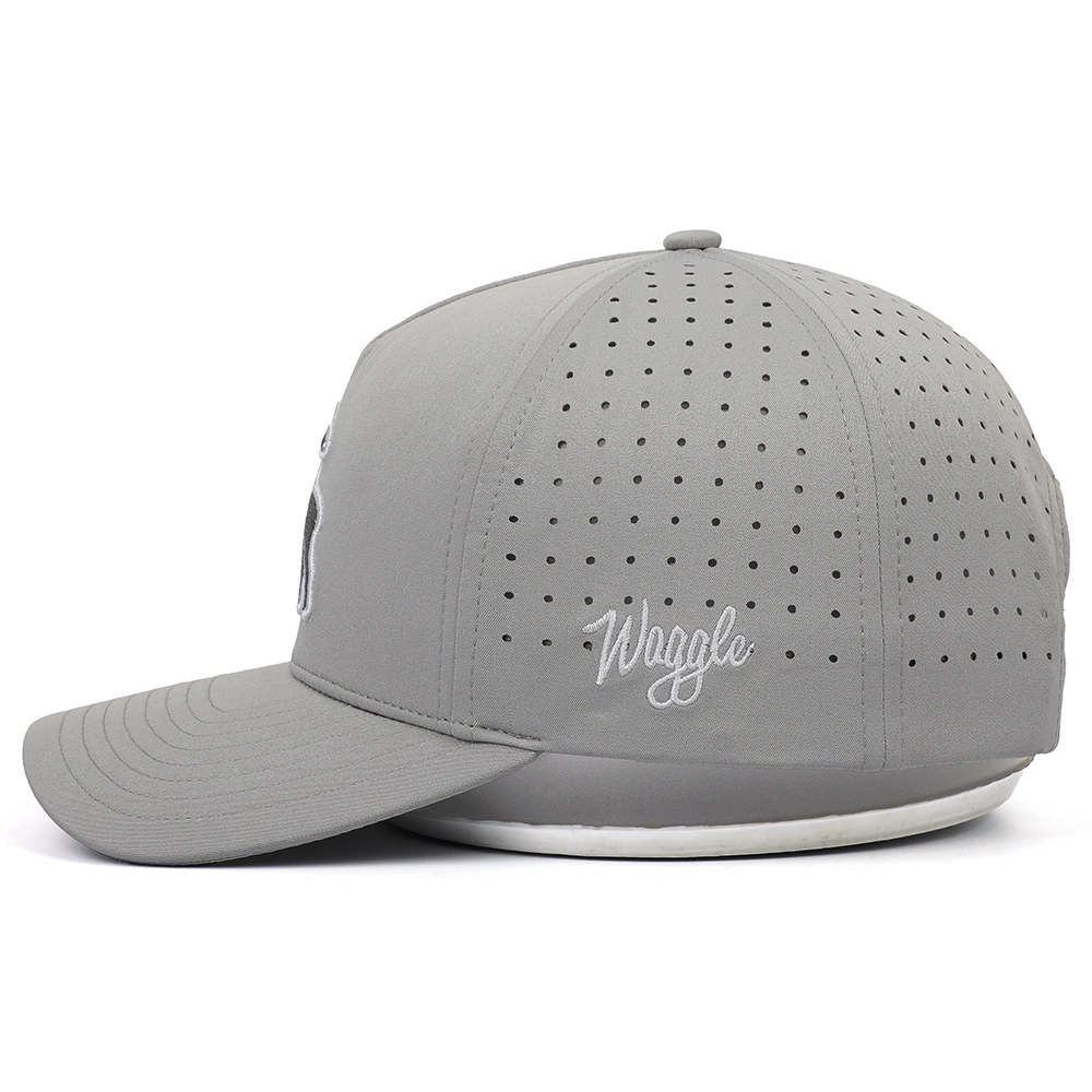 OEM Custom 6 Panel Grey Laser Cut Holed Perforated Baseball Hat Cap Waterproof Polyester Flex Fit Quick Dry Fitted Golf Hats Caps with Embroidered Logo