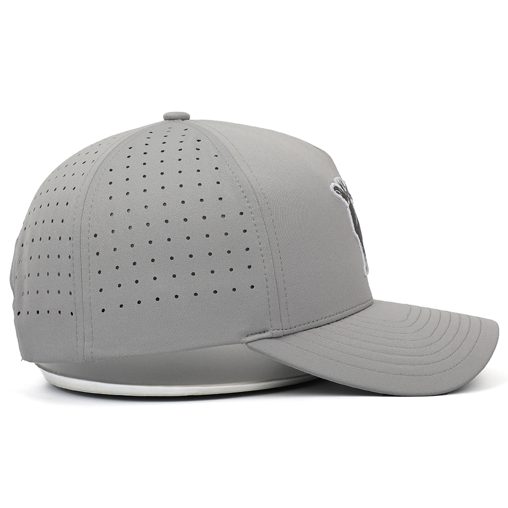 OEM Custom 6 Panel Grey Laser Cut Holed Perforated Baseball Hat Cap Waterproof Polyester Flex Fit Quick Dry Fitted Golf Hats Caps with Embroidered Logo