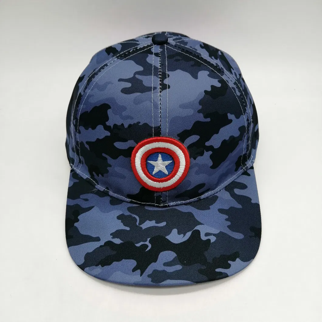 Custom Sports Fashionable Design 100 % Polyester 5 Panel Camo Adult Kids Children Caps Flat Brim Structured 3D Embroidery Snapback Hat Cap