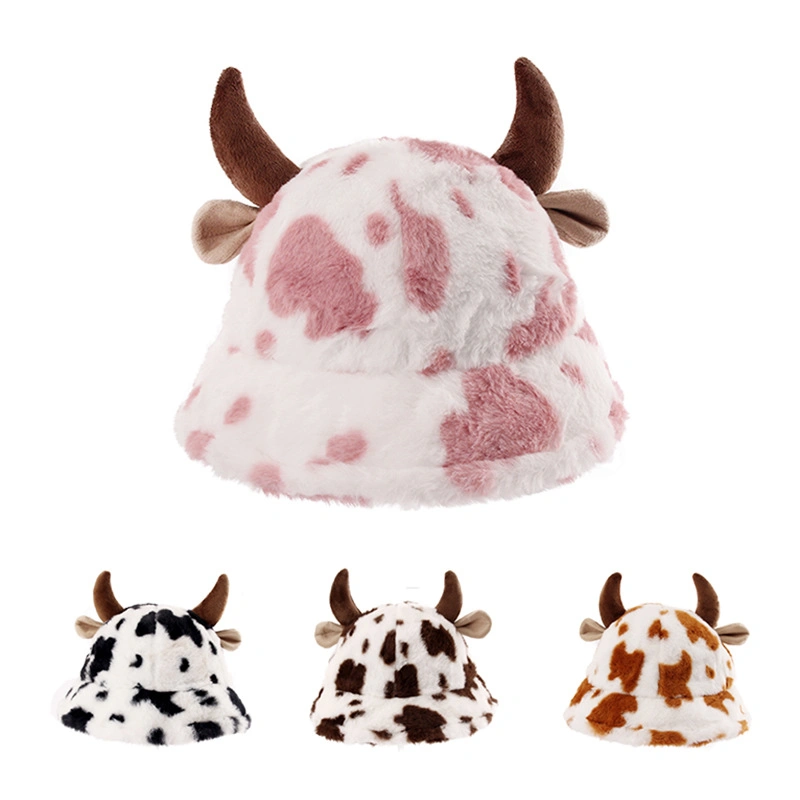 Winter Horns Plush Custom Bucket Hat Warm Funny Cow Printed Buckets Hat