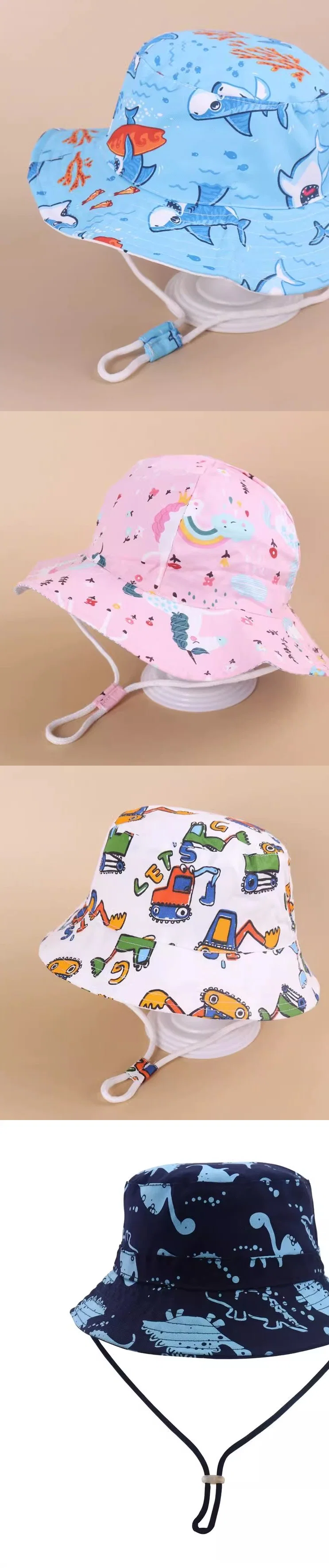 Summer Baby Cartoon Print Bucket Hat Kids Toddler Windproof Fisherman Hat with Strap