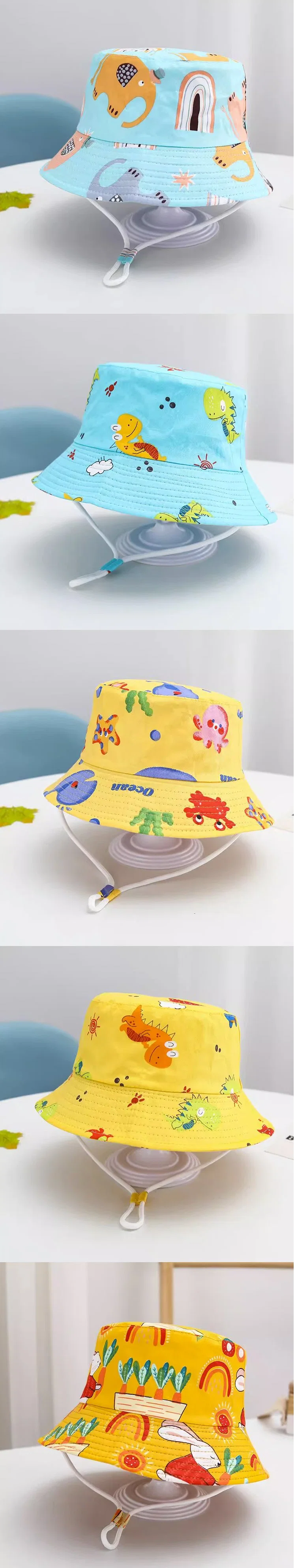 Summer Baby Cartoon Print Bucket Hat Kids Toddler Windproof Fisherman Hat with Strap