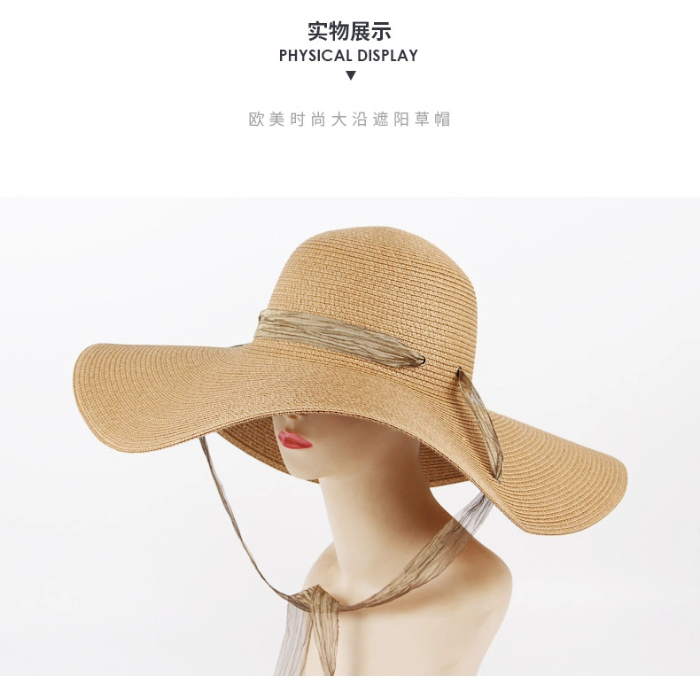 Wholesale Fashion Boho Wide Brim Beach Straw Hat Floppy Visor Hat with Bowknot Women Summer Sun Hats