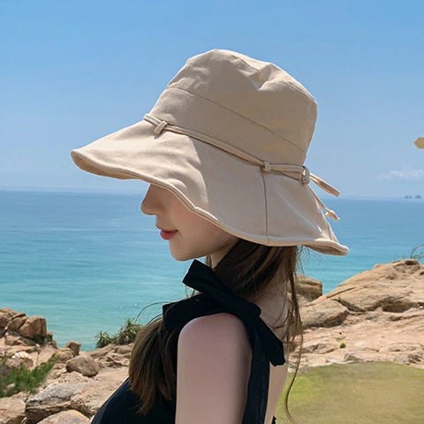 Customized New Fisherman Hat Women&prime;s Summer Fashion Brand Small Fresh Face Show Small Solid Color Japanese Ins Sunshade and Sunscreen Bowl Hat Gift Rope