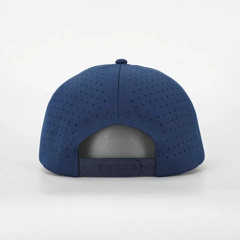 Wholesale Custom Quick Dry 5 Panel Sports Waterproof Baseball Cap Rubber PVC Logo Navy Performance Polyester Drilled Hole Laser Cut Perforated Rope Golf Hat