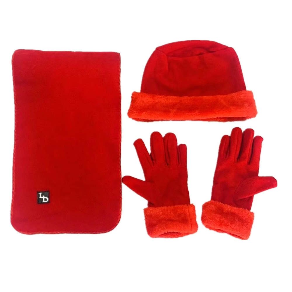 China Factory OEM Custom Logo Embroidered Winter Warm Brown Polar Fleece Hat Scarf Gloves Set