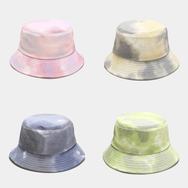 Trendy Unisex 100% Cotton Travel Beach Sun Packable Hat Wide Brim Tie Dye Bucket Hat