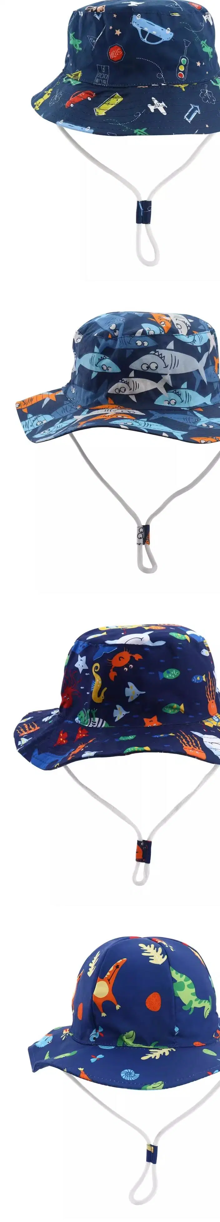 Summer Baby Cartoon Print Bucket Hat Kids Toddler Windproof Fisherman Hat with Strap