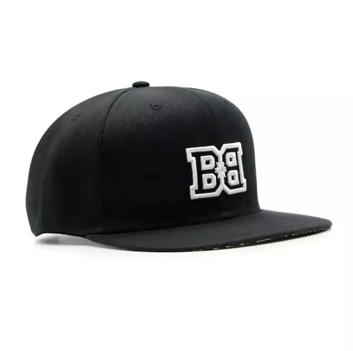 Custom Hiphop Basketball Team Hat 3D Embroidery Black Printed Under Brim Vintage Caps Flat Brim Hip Hop Black Snapback Hat