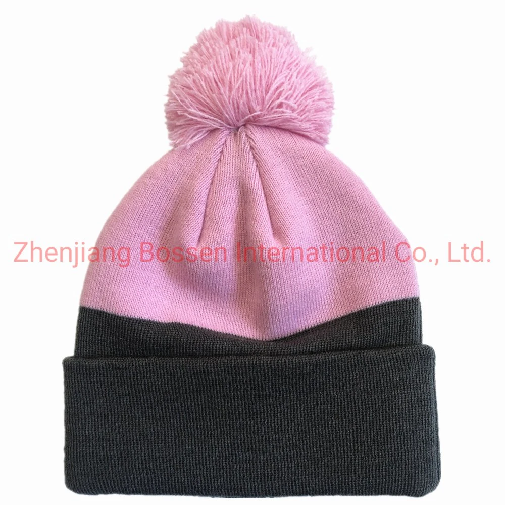 OEM Custom Logo Embroidered Winter Pink Grey Outdoor Snowboard Skiing Cycling Acrylic Knit Beanie Hat