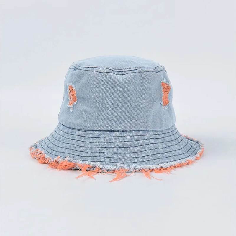 Distressed Frayed Brim Washed Worn out Cool Denim Jean Bucket Hat Wholesale Fisherman Hat Female Retro Fringed Basin Hats