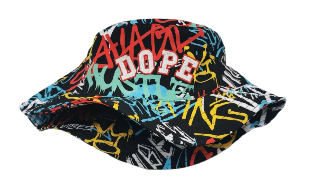 Fishing Hat with Woven Label Embroidery and Sublimation Printing Polyester Bucket Hat Casual Sun Hat with Own Logo Fashion Hat