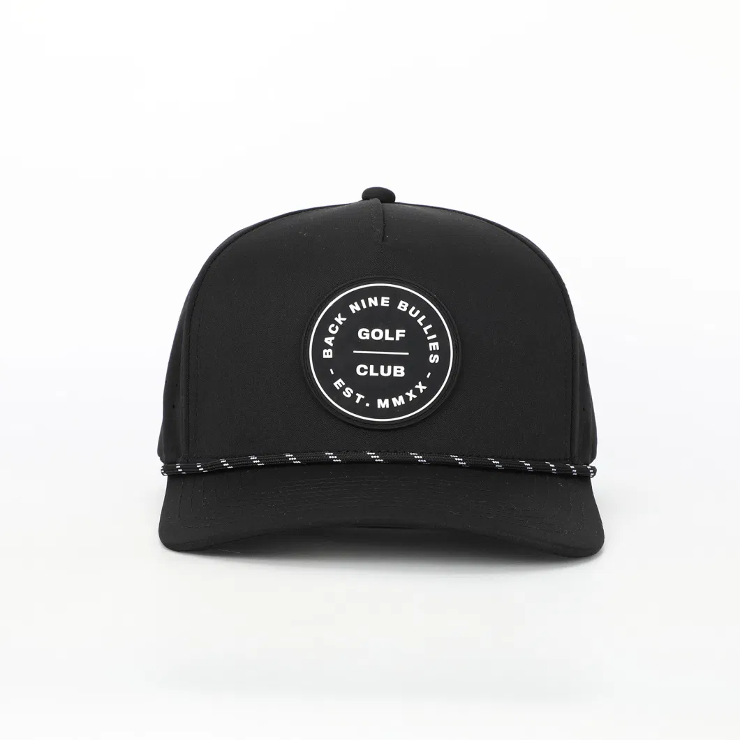 OEM Custom PVC Patch Logo 5 Panel Rope Golf Baseball Cap Laser Cut Hole Perforated Gorras Black Polyester Spandex Dad Hat