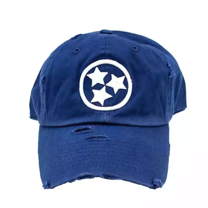 Wholesale Premium Quality Tristar Embroidery Ripped Dad Hat Custom Distressed Denim Dad Hat