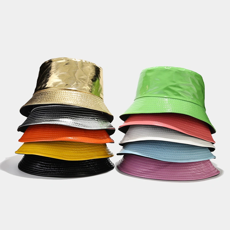 Wholesale Candy Color Waterproof PU Leather Riversible Metallic Fisherman Bucket Hats