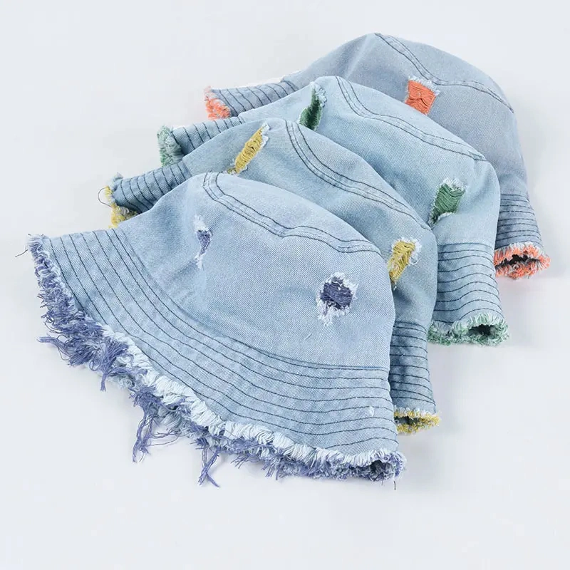 Distressed Frayed Brim Washed Worn out Cool Denim Jean Bucket Hat Wholesale Fisherman Hat Female Retro Fringed Basin Hats