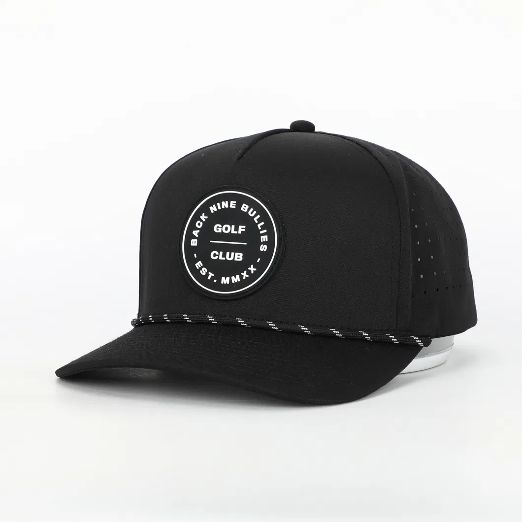 OEM Custom PVC Patch Logo 5 Panel Rope Golf Baseball Cap Laser Cut Hole Perforated Gorras Black Polyester Spandex Dad Hat