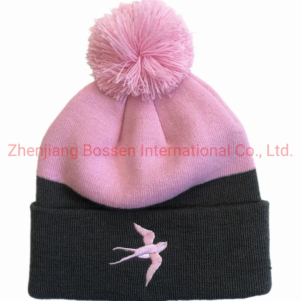 OEM Custom Logo Embroidered Winter Pink Grey Outdoor Snowboard Skiing Cycling Acrylic Knit Beanie Hat