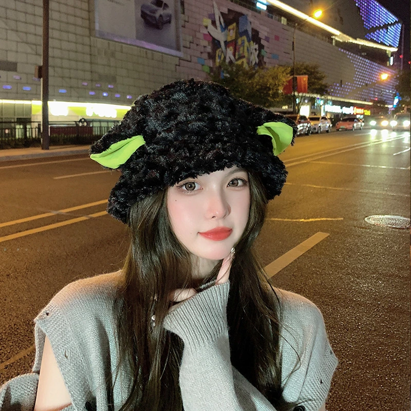 Women&prime;s Cute Sheep Ear Bucket Hat Warm Winter Fuzzy Fleece Fisherman Hat